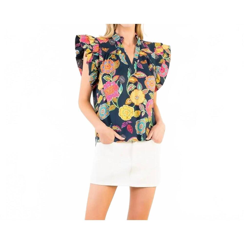 NEW THML ruffle sleeves floral print top in navy